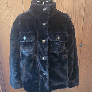 Time and Tru Black Faux Fur Jacket XS (0-2) Zip Button Pockets Cozy